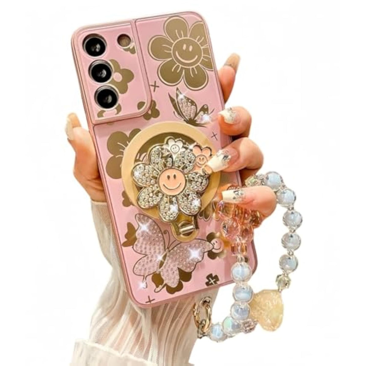 For Samsung Galaxy A16 5G Case For Women Girls With Phone Charm Strap[Compatible With Magsafe] [Camera Lens Protector][Bling Diamond Flower Kickstand] Cute Girly Phone Case For Samsung A16 5G Pink
