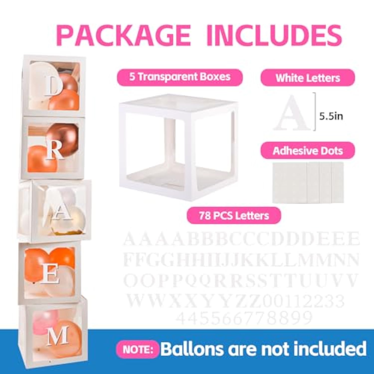 Baby Boxes For Baby Shower White Clear Balloon Box Blocks Gender Reveal Decorations And Birthday Party (5 Pcs Balloon Box-78 Letter)