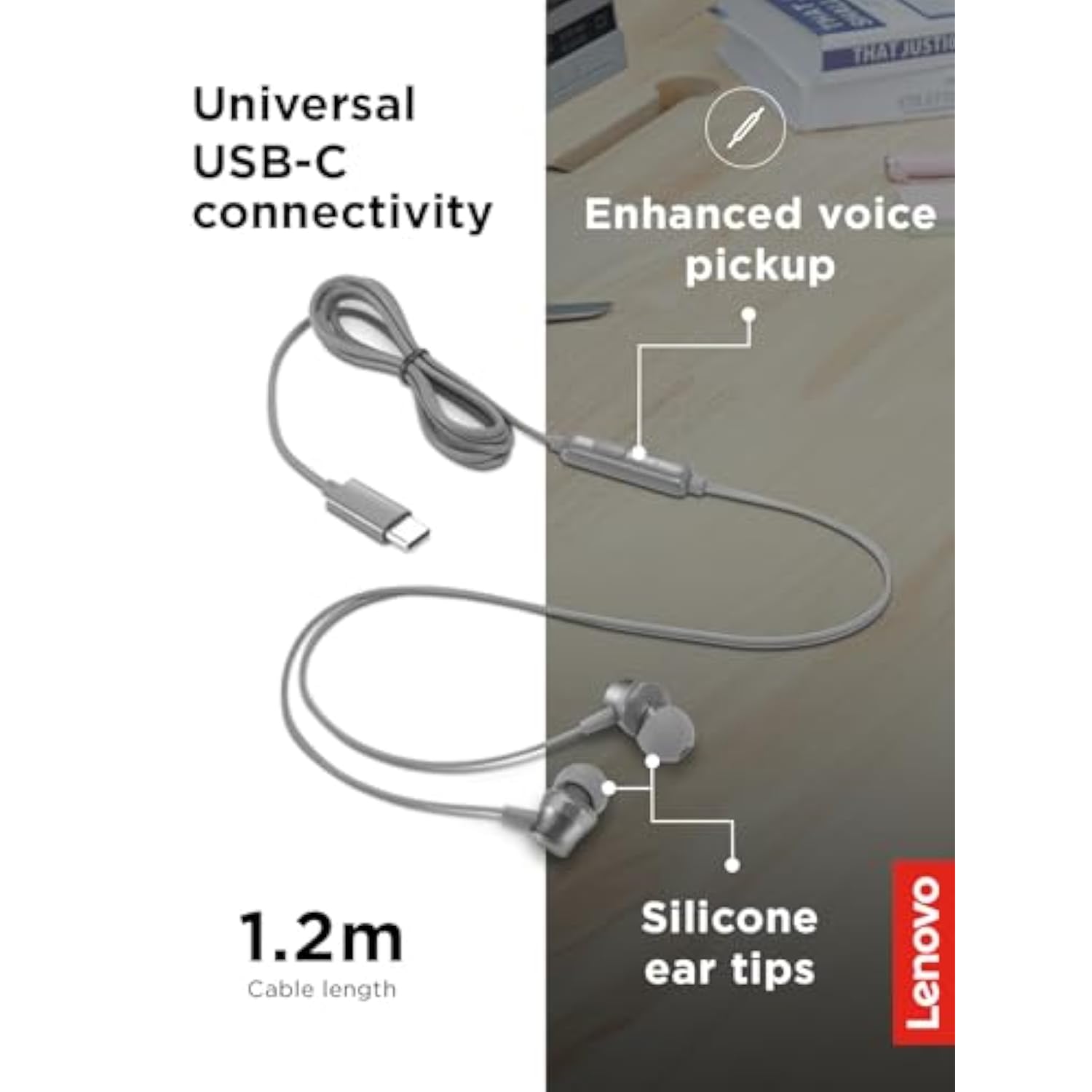 Lenovo - 300 Wired in-Ear USB-C Headphones - in-Line Microphone - USB-C Connectivity - Play & Pause Button - 3 Sizes Silicone Ear Tips Included, Grey