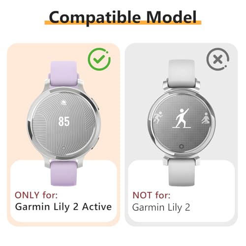 2 Pack for Garmin Lily 2 Active Screen Protector Case, Hard PC Bumper Full Coverage Protective Accessories Built-in Tempered Glass Film