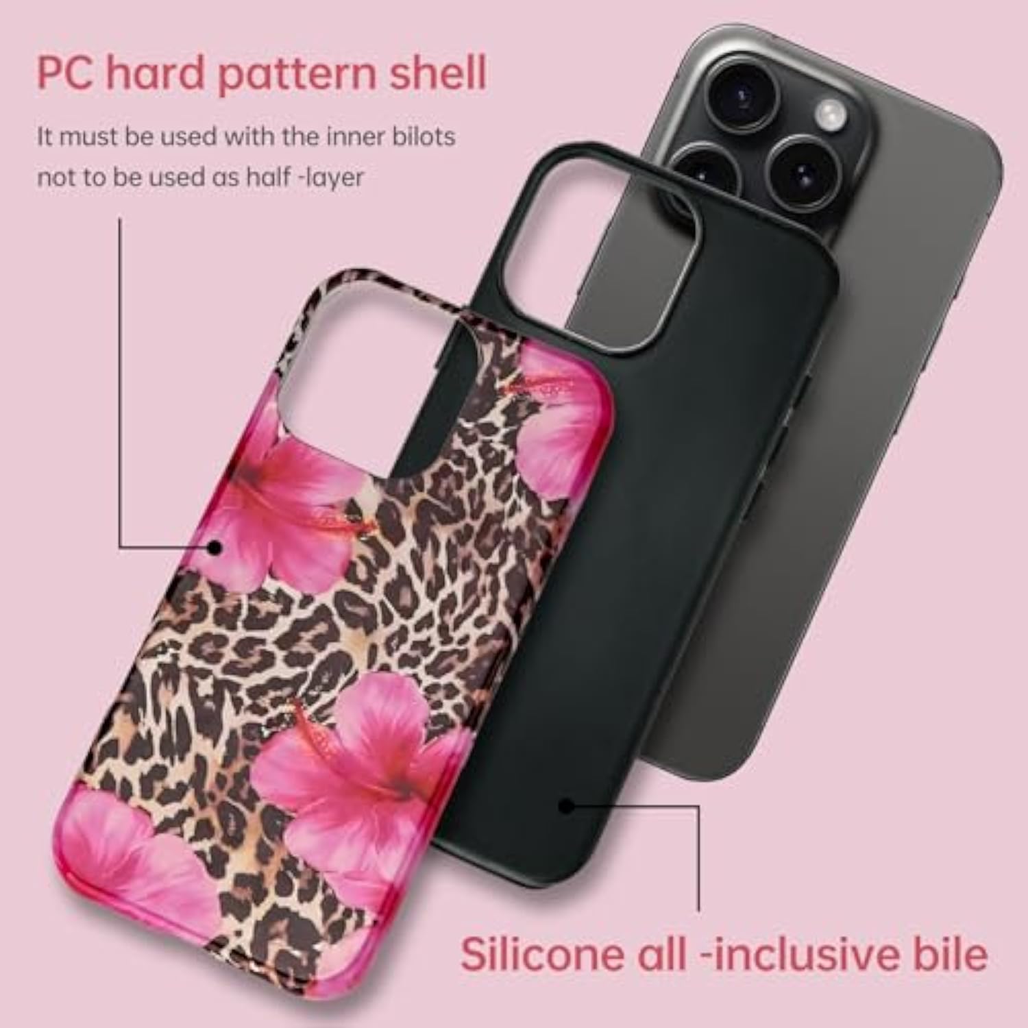 Compatible With Iphone 13 Case, Cute Leopard Pink Hibiscus Tropical Floral Pattern Phone Case With Hd Screen Protector Silicone Shockproof Protective Phone Cover For Women Girls