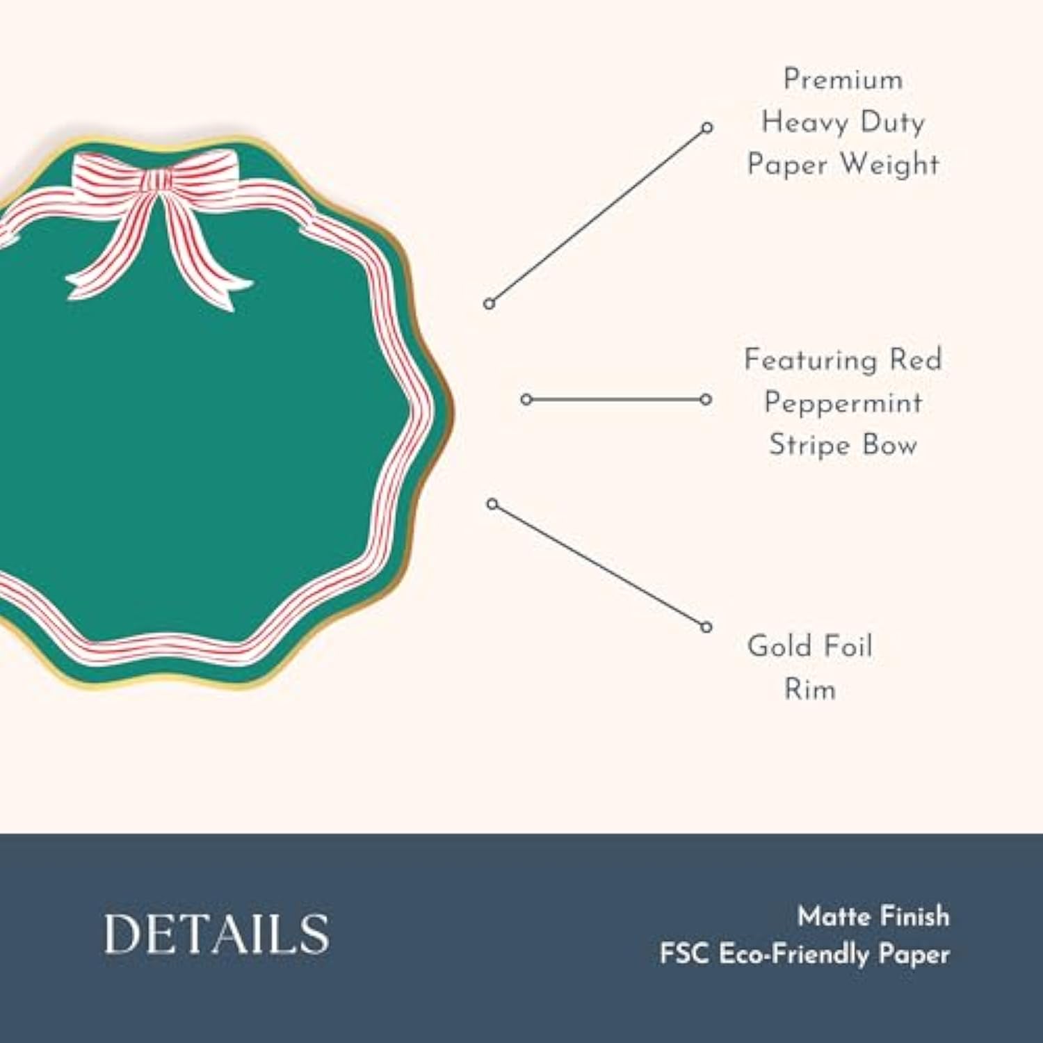 Elegant Green Peppermint Bow Large Paper Party Plates | Large Disposable Dinner Plates For Christmas & Holiday Parties | Premium Party Supplies & Decorations | Pack Of 8, 11"