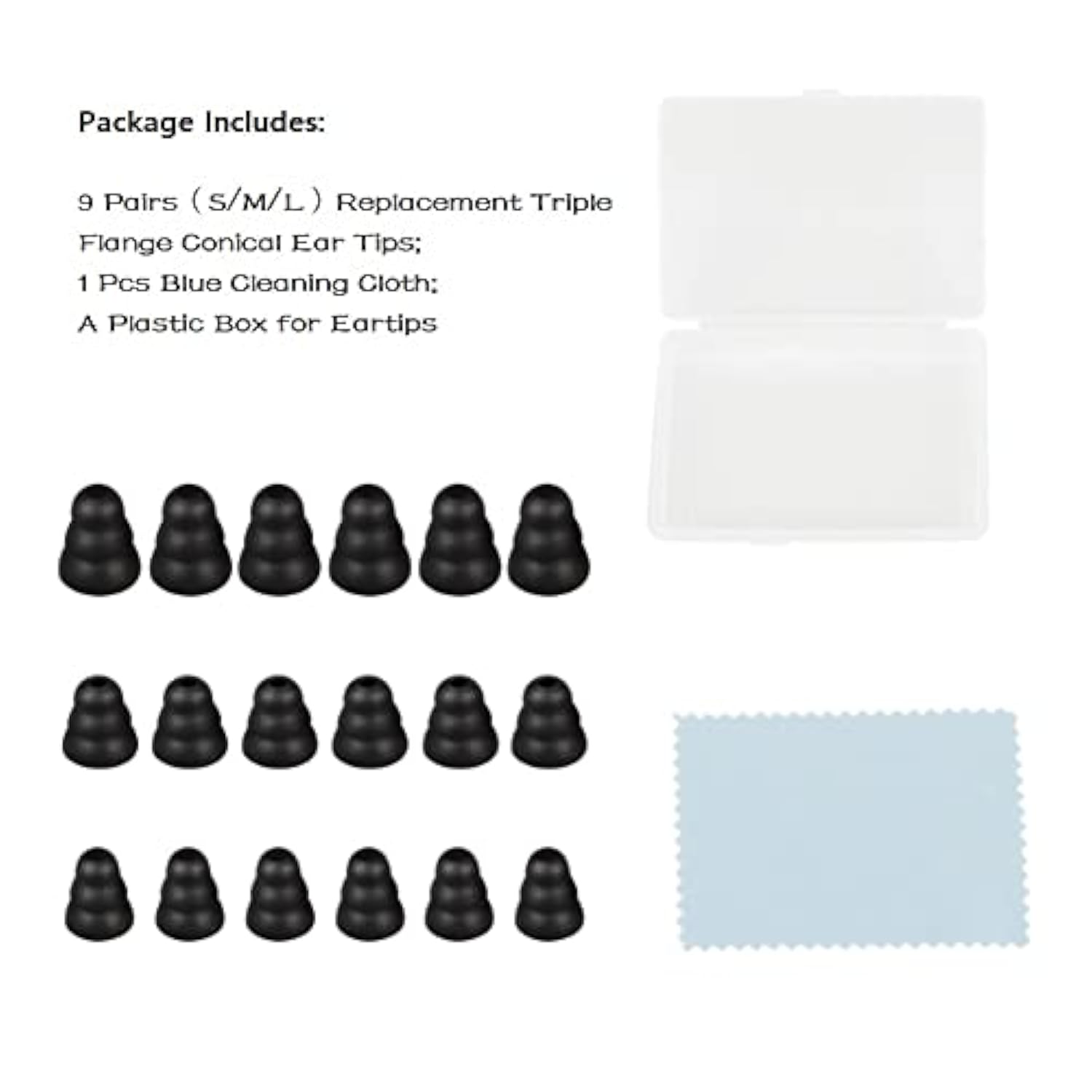 Replacement Triple Flange Conical Ear Tips Soft Silicone Earbud Tips Gels Bud Fit For Inner Hole From 4Mm - 5.1Mm Earphones 9 Pairs S/M/L Black