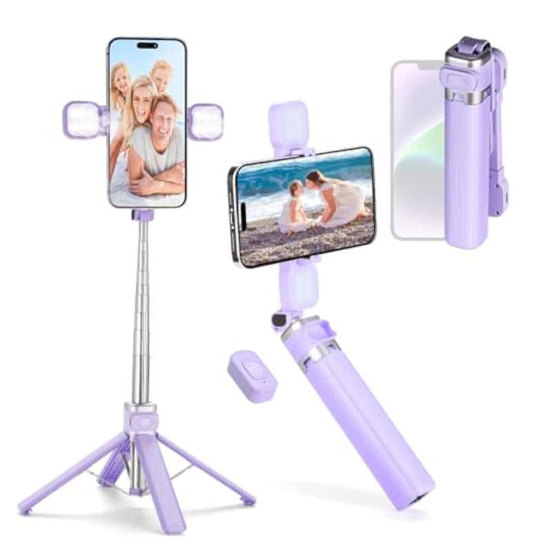 Mini Tripod Stand & Selfie Stick With Wireless Remote & Removable Light, Extendable Stand 360 Rotation Compatible With & Android Samsung (Purple)