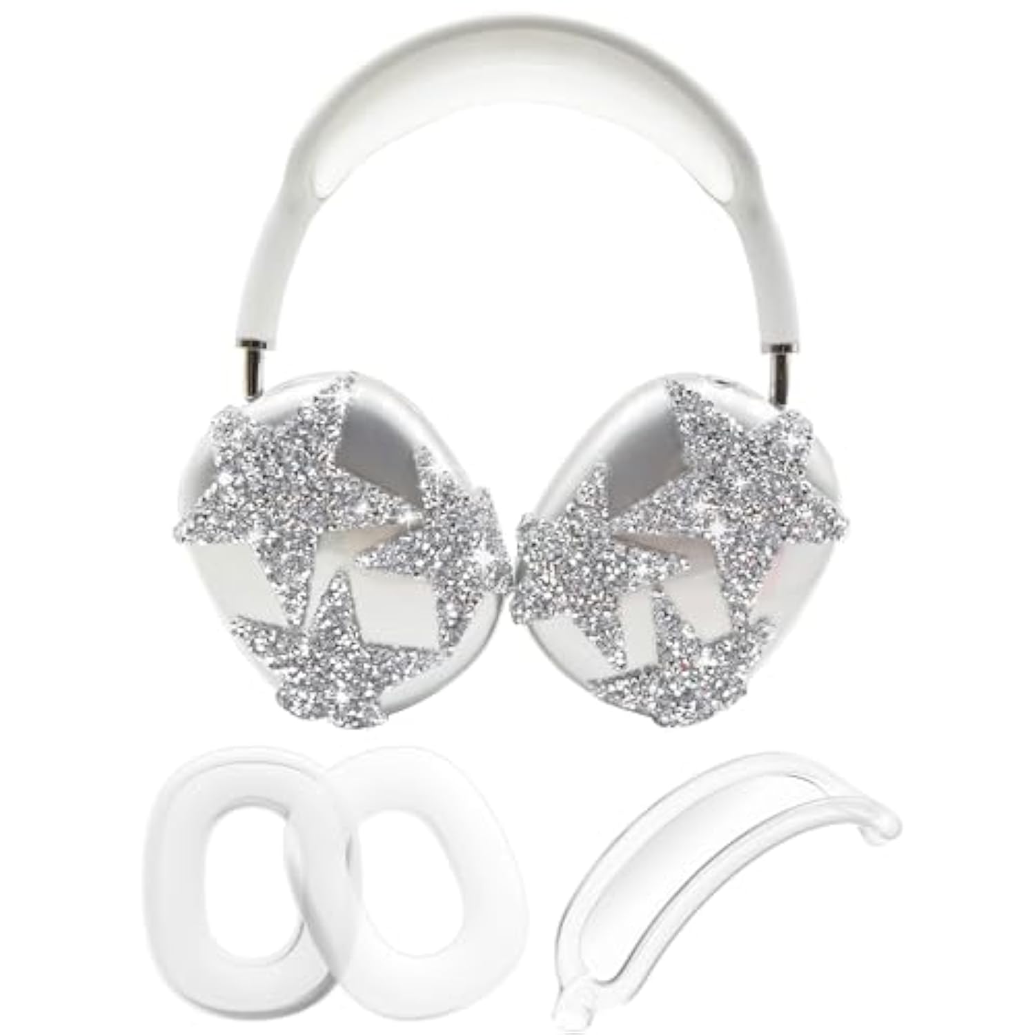 3 In 1 Bling Case Cover For Airpod Max, Clear Tpu Glittering Rhinestones Stars Protective Ear Cups Covers Silicone Earpad Headband Covers Compatible For Apple Airpods Max Headphones (Star)