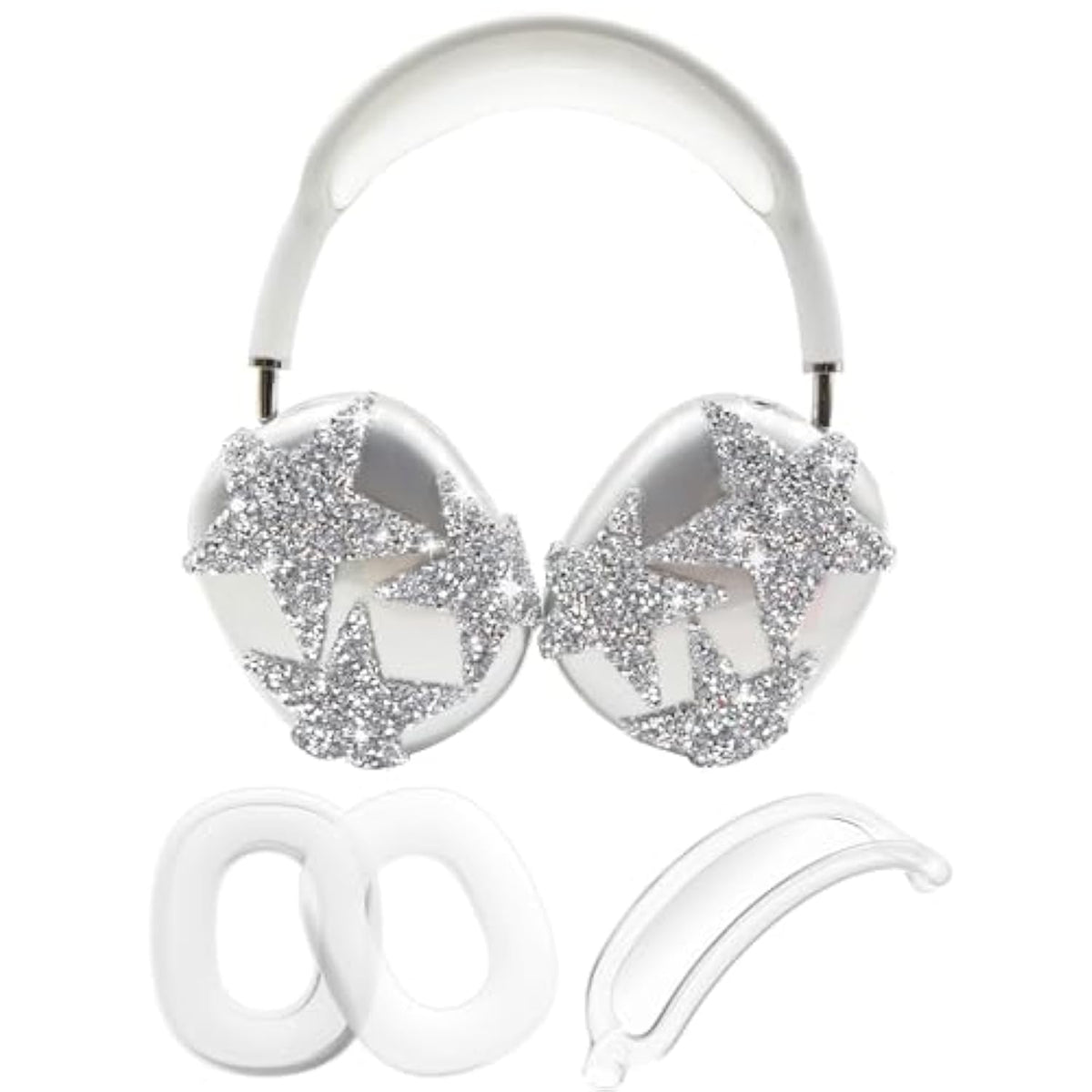 3 In 1 Bling Case Cover For Airpod Max, Clear Tpu Glittering Rhinestones Stars Protective Ear Cups Covers Silicone Earpad Headband Covers Compatible For Apple Airpods Max Headphones (Star)