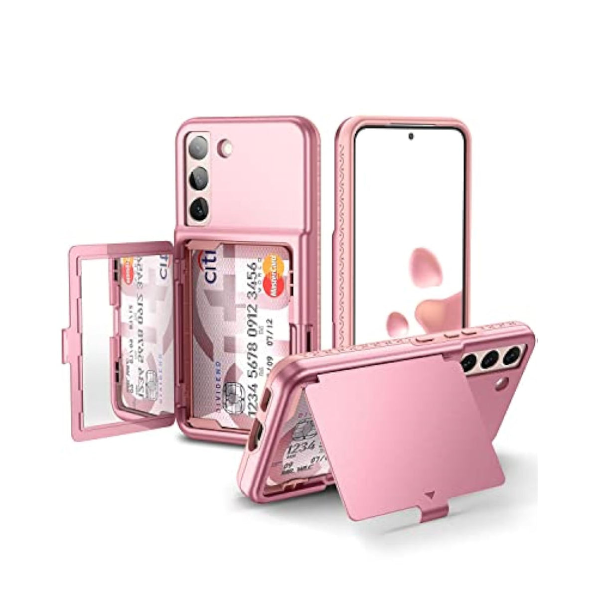 Samsung Galaxy S22 Case Wallet Case With Credit Card Holder & Hidden Mirror, All-Round Protection Shockproof Phone Cover Designed For Samsung Galaxy S22 5G, 6.1 Inch Rose Gold