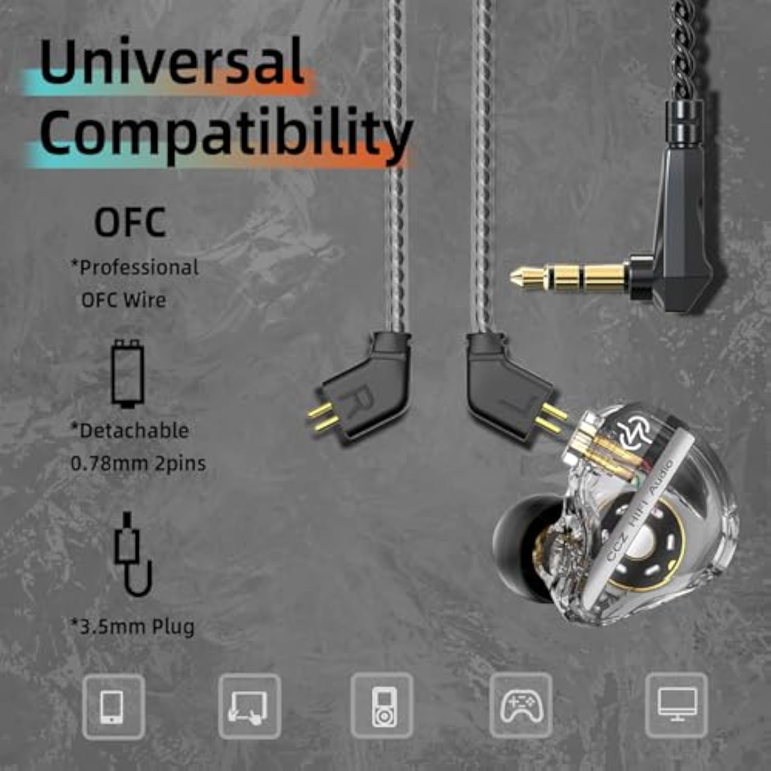 Ccz Dc01 Pro In Ear Monitor Headphones, Iems For Gaming, Professional Gaming Earbuds Super Bass Wired Earphones With 1Dd, Patent Ear Fins, Patent Ear Tips, For Singers Musicians (Black Without Mic)