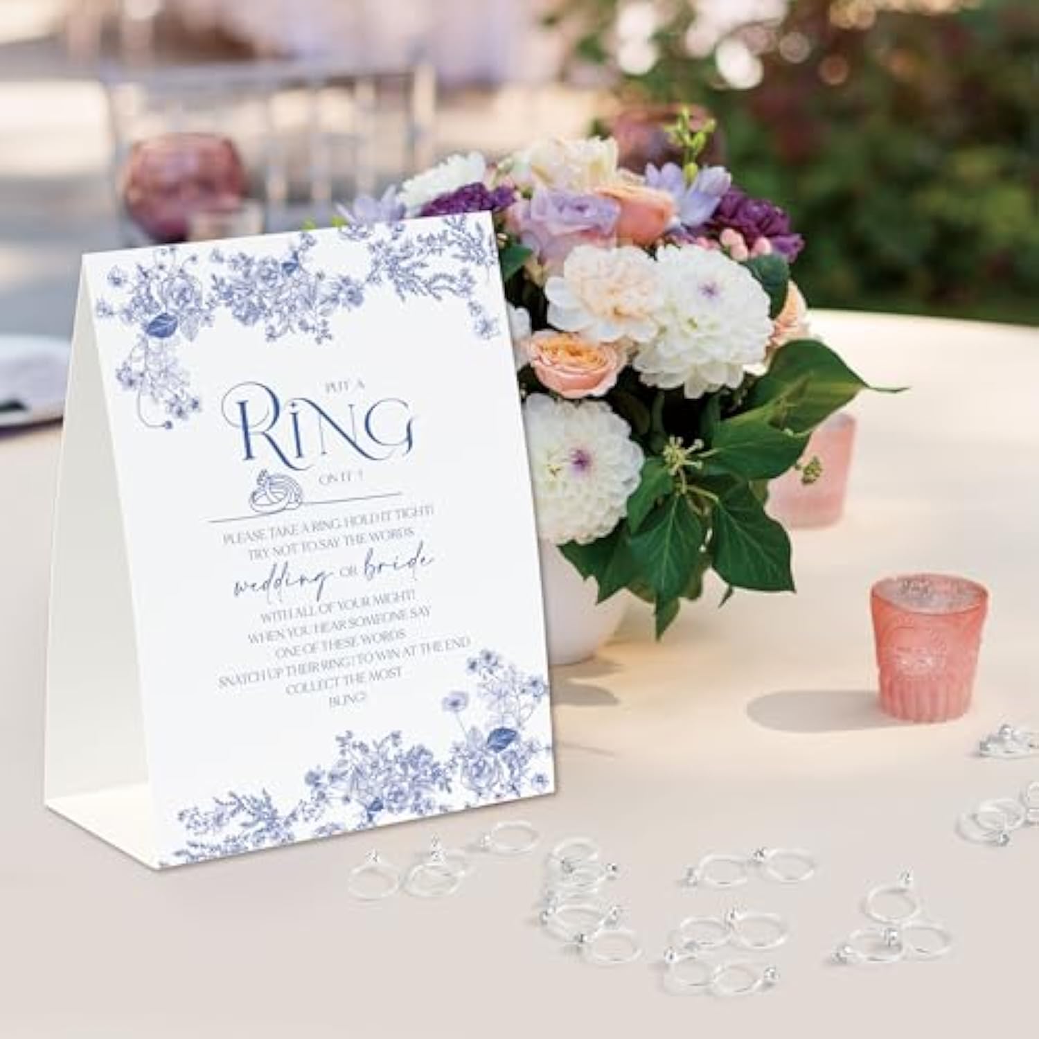 Put A Ring On It Game(50 Rings With One Sign), Don'T Say Wedding Or Bride Game, Fun Bridal Shower Game, Bridal Shower Decorations Blue Floral-Jzds05