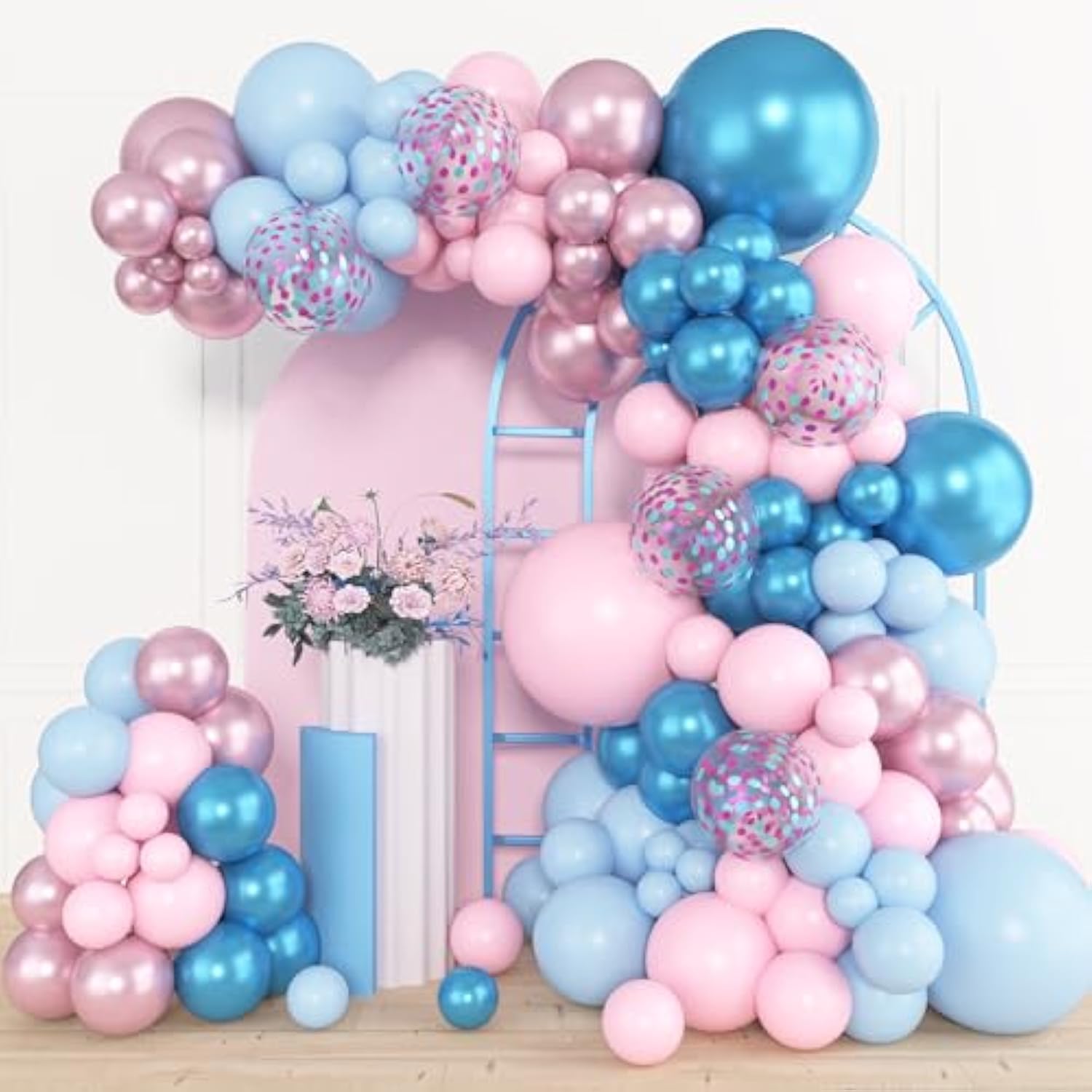 153Pcs Pink Blue Balloon Garland Arch Kit, Different Sizes 18 12 10 5 Inch Metallic Pink Blue Latex Confetti Balloons For Boy Girl Gender Reveal Neutral Baby Shower Birthday Party Decoration