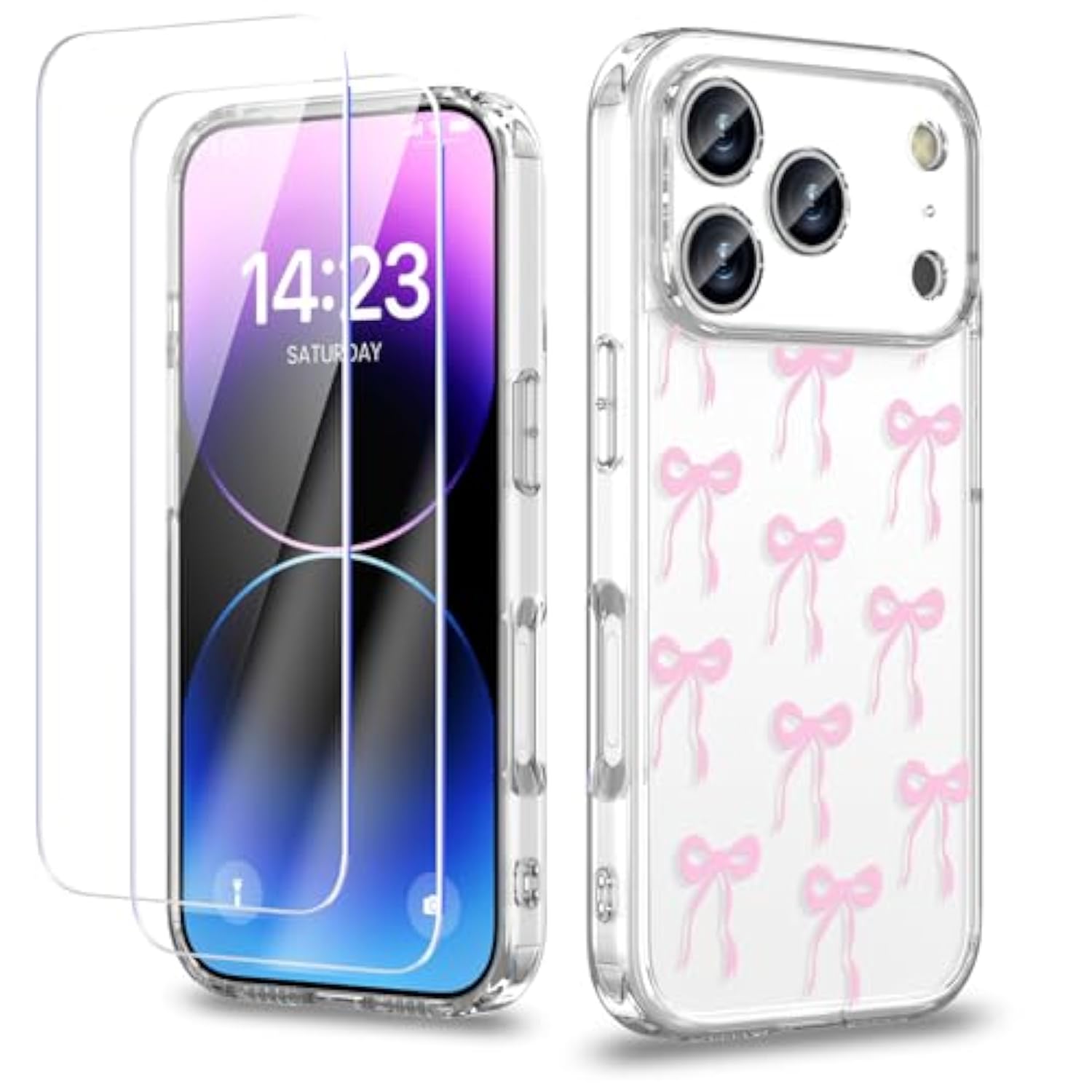 Case Compatible With Iphone 17 Pro Max 6.9 Inch With Screen Protector, Cute Pink Bow Patterns Slim Clear Phone Cover For Women Girl?Full Camera Protection?Anti-Yellowing?Shockproof & Anti-Scratch