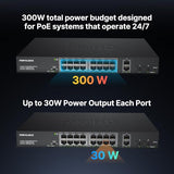16 Port Full Gigabit Poe Switch With 2 *Gigabit Sfp Ports & Rj45 Ports, Unmanaged Plug And Play, High Power Total Budget 300W, 802.3Af/At Compliant, Fanless & Slience, Metal Housing, Rack Mount