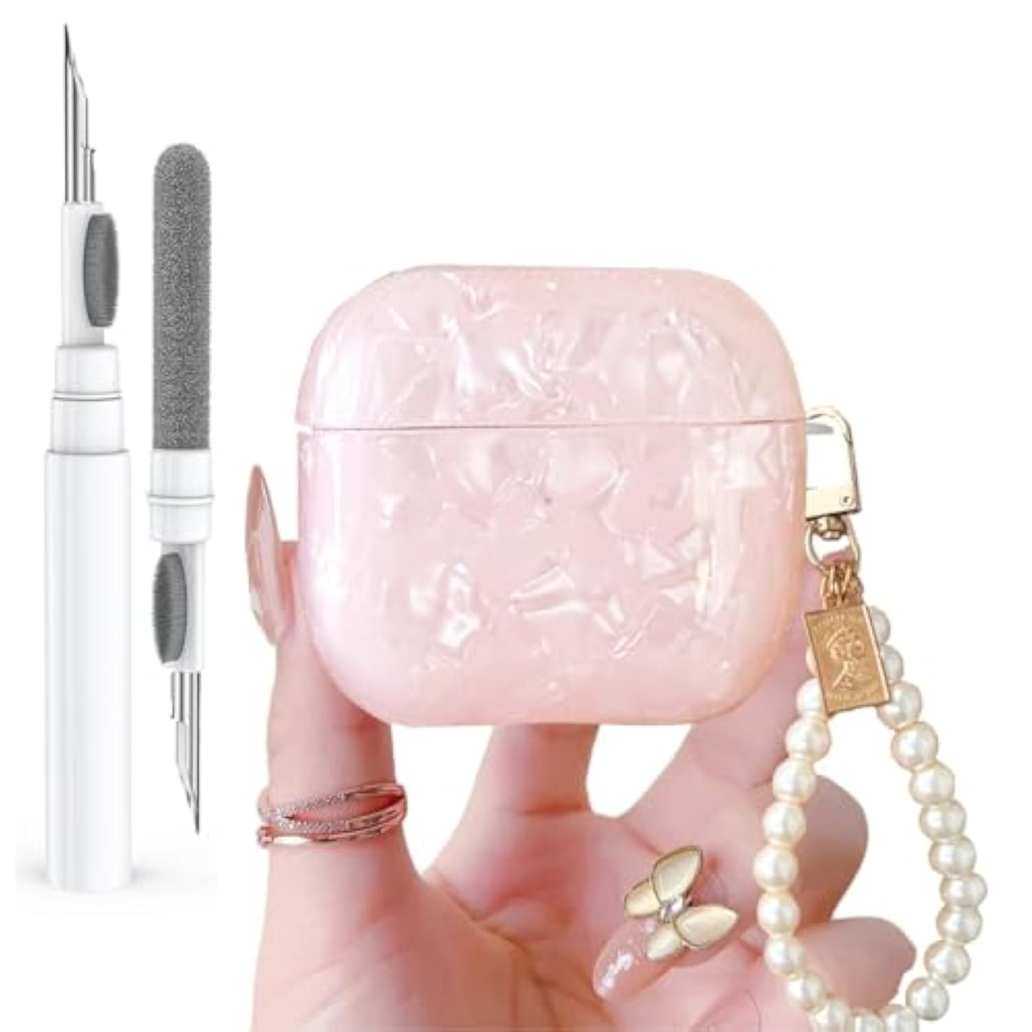 For Cute Glitter Airpods 4 Case 2024 With Cleaner Pen, Shell Pattern Apple Airpods Ipod 4Th Generation Case Cover Protective Skin Girl Women With Luxury Pearl Keychain, Pink