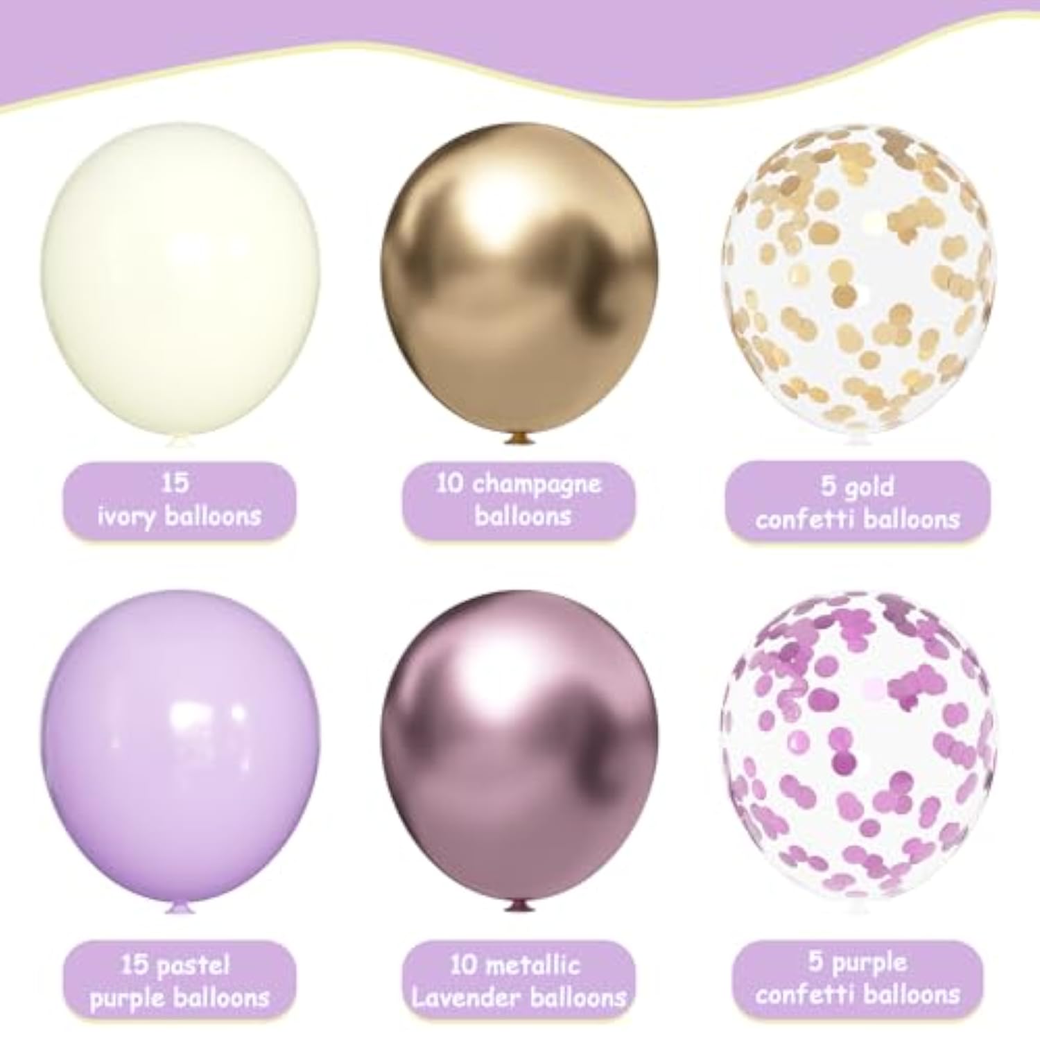 Purple & Gold Balloons - 60Pcs 12Inch Metallic Lavender & Champagne Balloons With Confetti For Graduation, Wedding, Birthday & Anniversary Celebrations