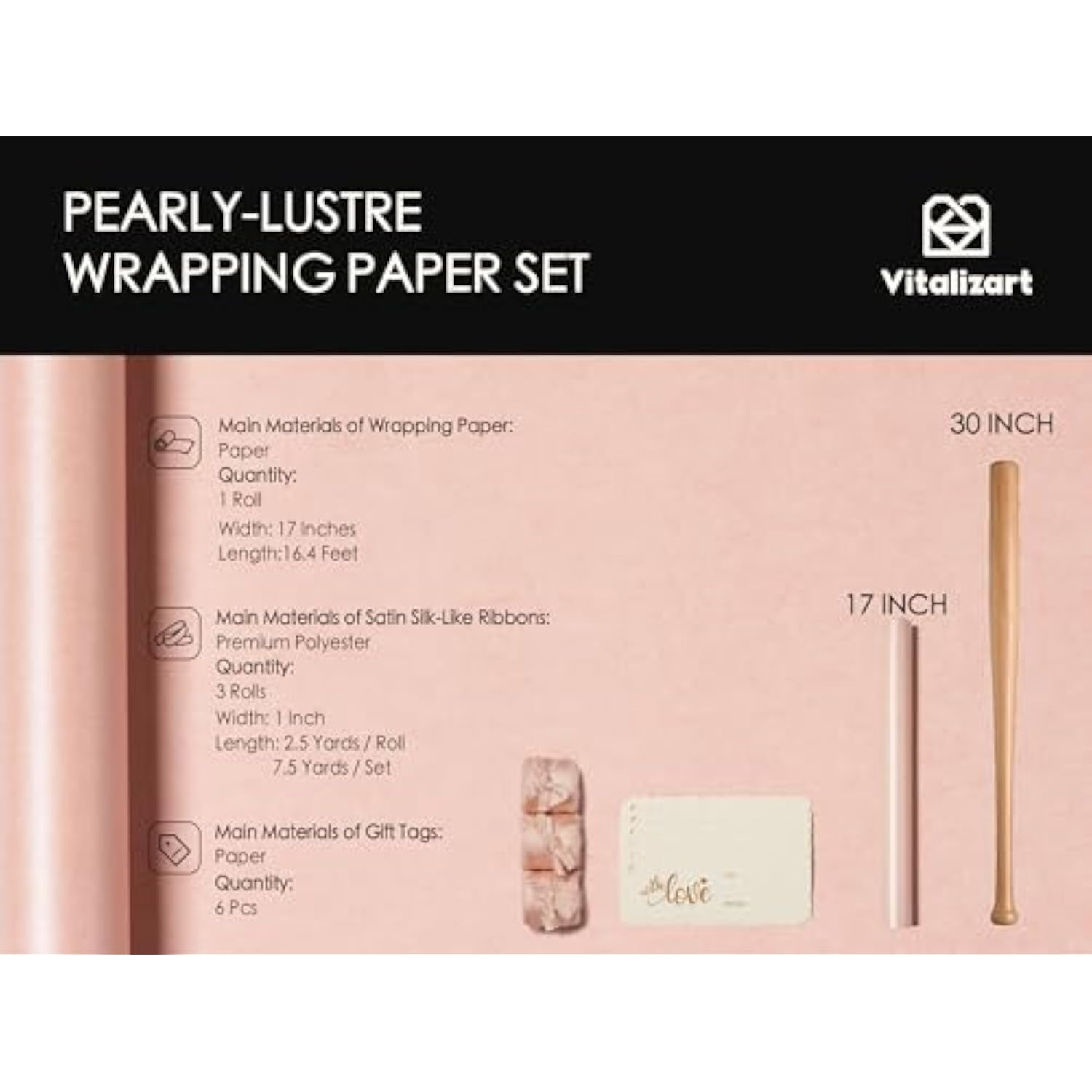 Pink Wrapping Paper Set 17" Pearly-Lustre With Silk Like Satin Ribbon & Gift Tags Recyclable Eco-Friendly Christmas Gift Wrapping Birthday Baby Shower Wedding Handmade Crafts 197"(16.4 Ft)