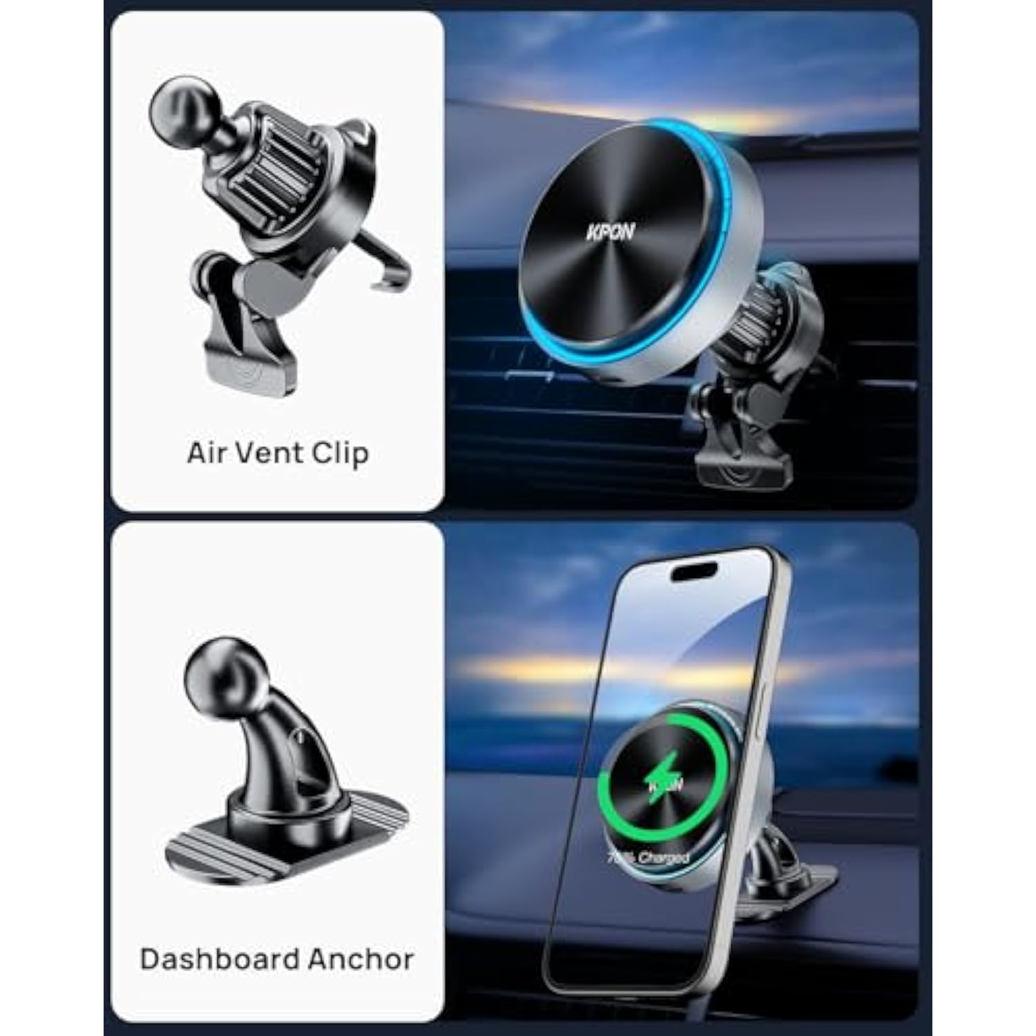 For Magsafe Car Charger Mount, 15W Fast Charging Led 2In1 Magnetic Wireless Car Magsafe Charger For Iphone, Wireless Phone Charger For Car Fits Iphone 16 15 14 13 12,Samsung With Magsafe Case