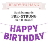 Pre-Strung Happy Birthday Banner - No Diy - Purple Glitter Happy Birthday Party Banner For Girls & Women - Pre-Strung On 8 Ft Strands - Purple Bday Party Decorations & Decor. Did We Mention No Diy