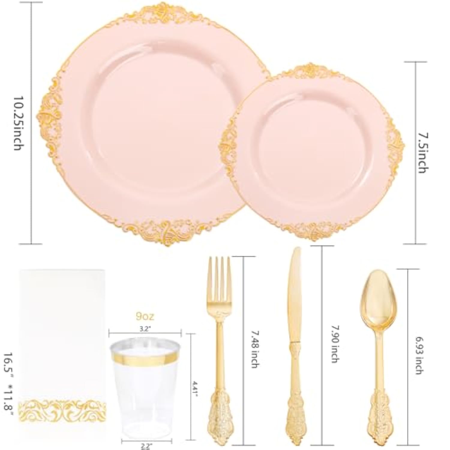 350Pcs Pink Plastic Plates - Pink Dinnerware Sets For 50 Guests - 100 Disposable Plates, 150 Gold Plastic Silverware, 50 Cups, 50 Napkins For Wedding & Party