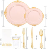 350Pcs Pink Plastic Plates - Pink Dinnerware Sets For 50 Guests - 100 Disposable Plates, 150 Gold Plastic Silverware, 50 Cups, 50 Napkins For Wedding & Party