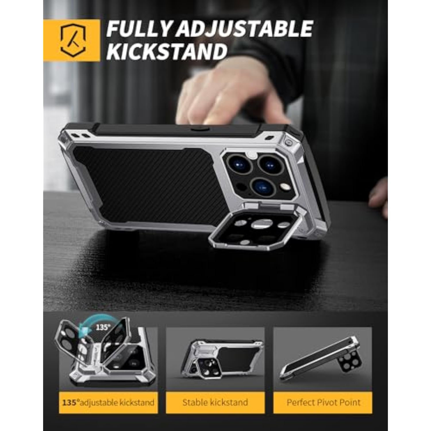 iPhone 14 Pro 6.1" Metal Case with Built-in Camera Kickstand and Glass Screen Protector, Heavy Duty Full Body Military Rugged Shockproof Magnetic Cover, Silver