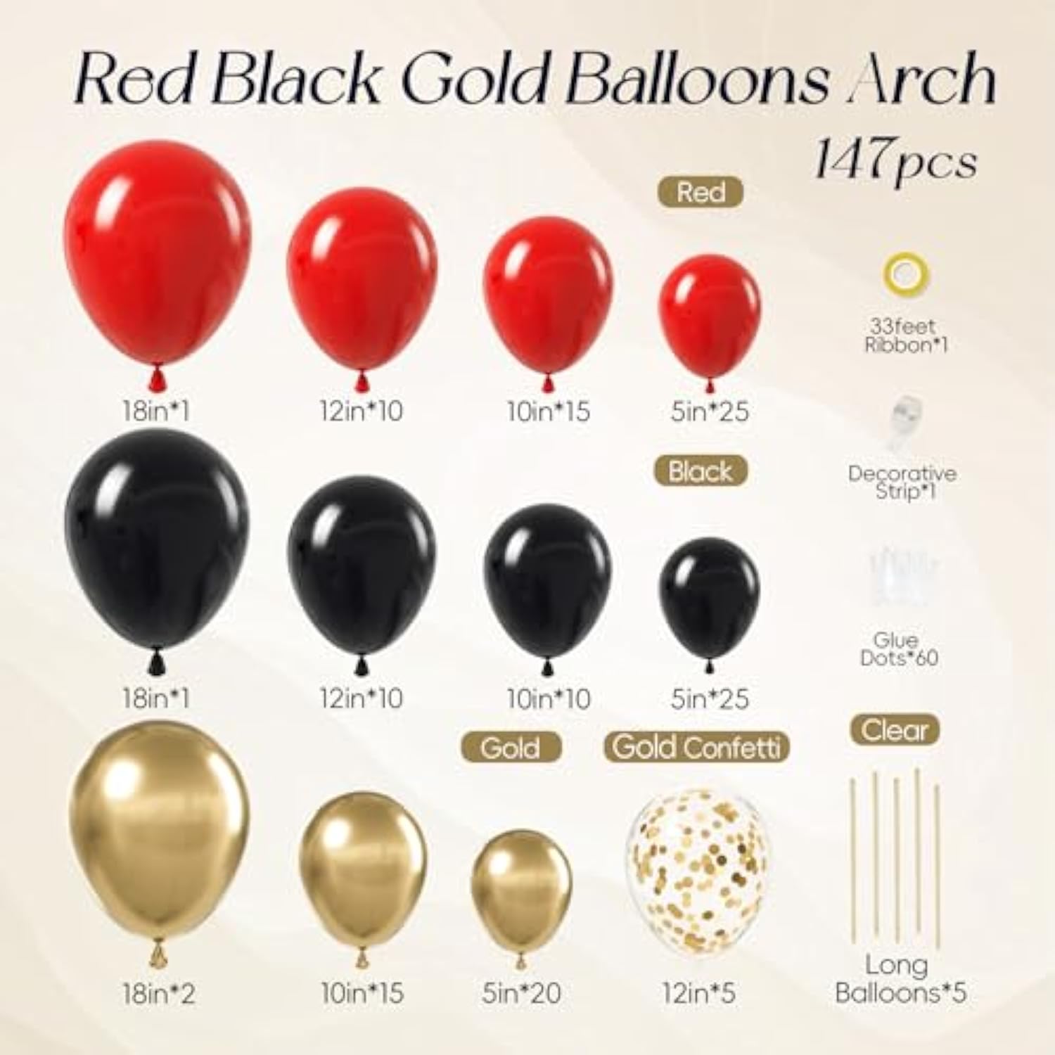 147 Pcs Red, Black & Gold Balloon Arch Kit Casino & Hollywood Party Decor