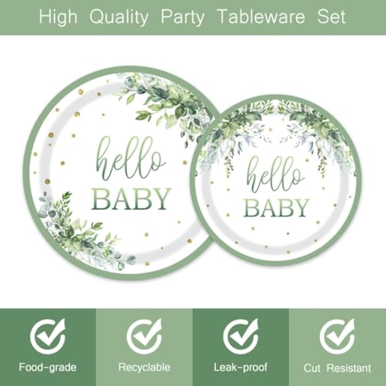 96 Pcs Sage Green Baby Shower Plates And Napkins, Neutral Baby Shower Disposable Dinnerware Set For Eucalyptus Leaf Baby Girl Boy Party Tableware Serves 24