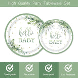 96 Pcs Sage Green Baby Shower Plates And Napkins, Neutral Baby Shower Disposable Dinnerware Set For Eucalyptus Leaf Baby Girl Boy Party Tableware Serves 24