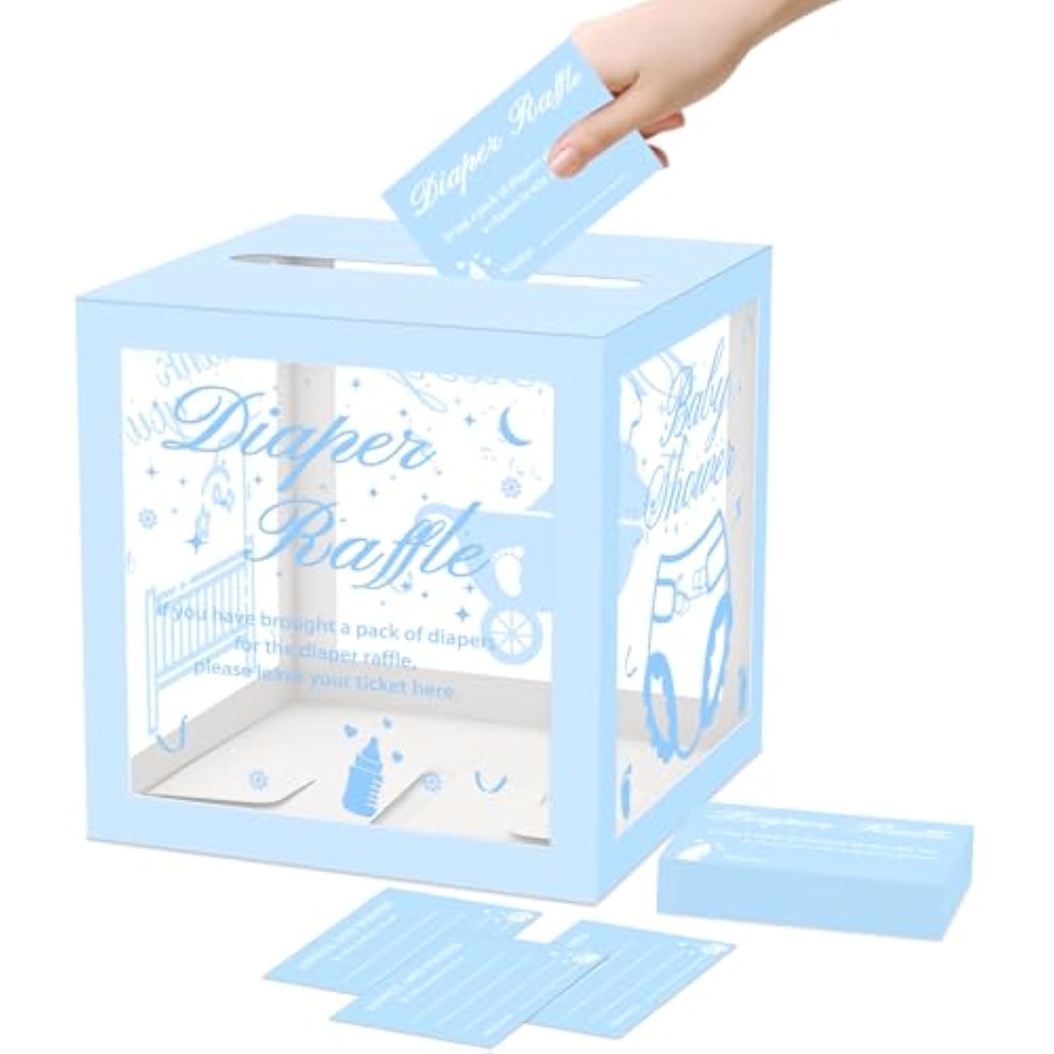Blue Clear Diaper Raffle Tickets Card Box For Baby Shower, 50 Pcs Diaper Raffle Tickets With Advice And Wishes, For Gender Reveal Baby Shower Games, Diaper Raffle Box Party Decorations Supplies