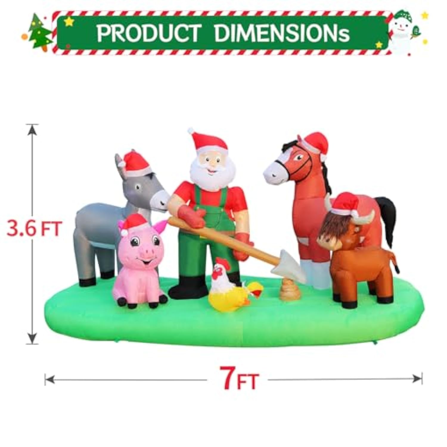7Ft Christmas Inflatable Blow Up Decorations, Santa Claus Farm Scene With Highland Cow, Clydesdale Horse, Donkey, Rooste