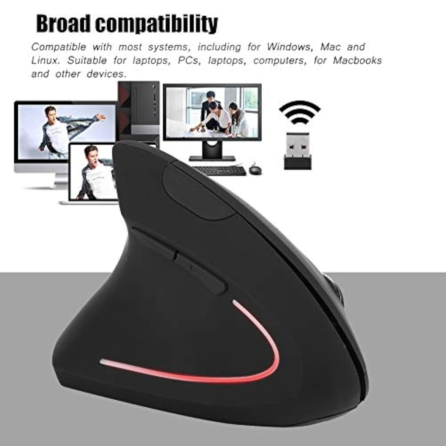 2.4Ghz Mouse,Ergonomic Left Handed Vertical Mouse,6 Keys Optical Mouse With Nano Usb Receiver,800/1200/1600 Adjustable Dpis,For Laptop Pc Computer/For Windows/For Linux
