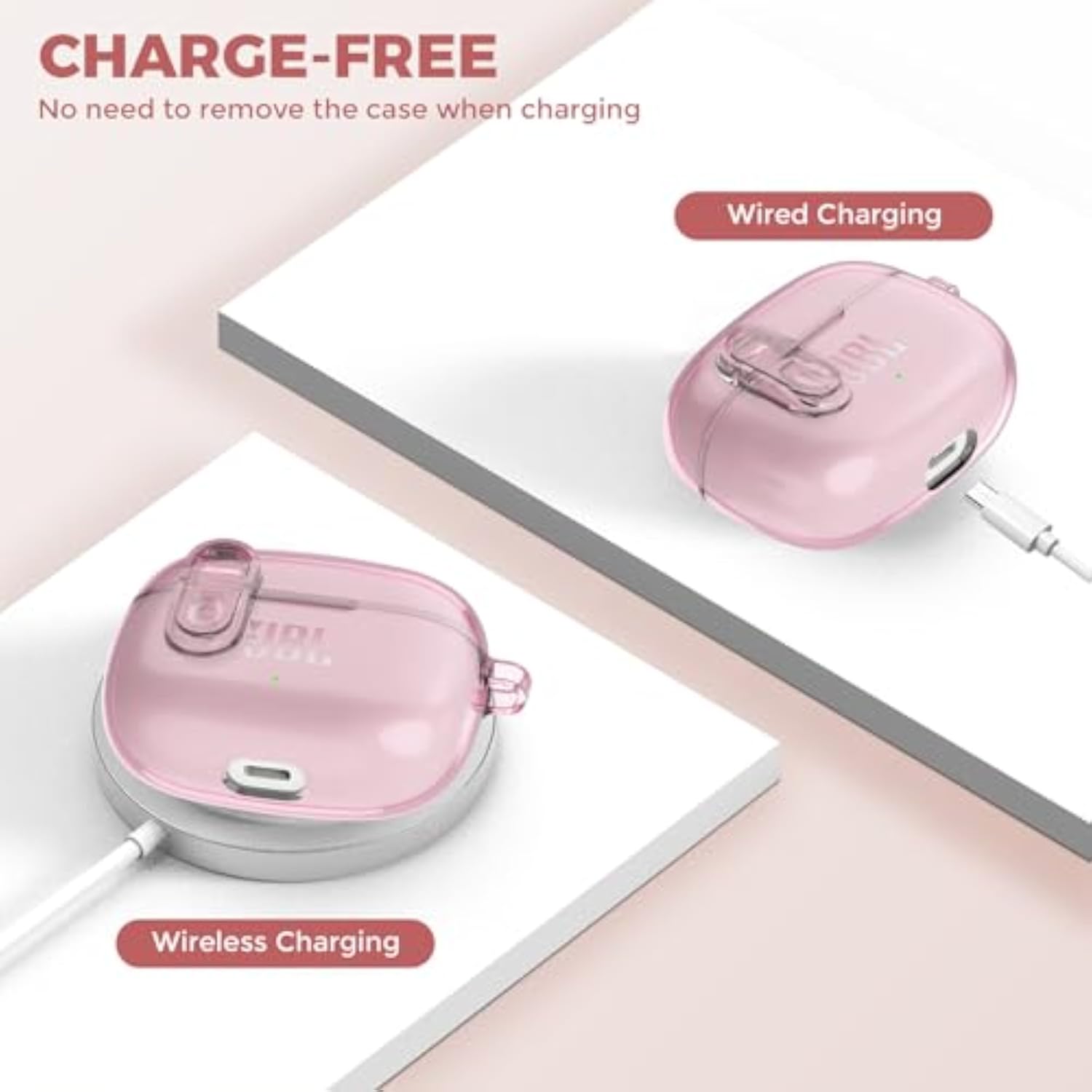 Clear TPU Protective Case with Carabiner for JBL Vibe Beam 2 Charging Case - Compatible with JBL Vibe Beam 2/Beam/Vibe 200TWS - Pink