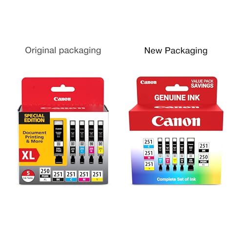 Pgi-250Xl/Cli-251 Genuine Five Color Value Pack, Compatible With Mg6320, Ip7220, Mg5420, Mx922, Mx722, Mg7120, Mg6420, Mg5520, Ix6820, Ip8720, Mg7520, Mg6620, And Mg5620 (Optional) Printers