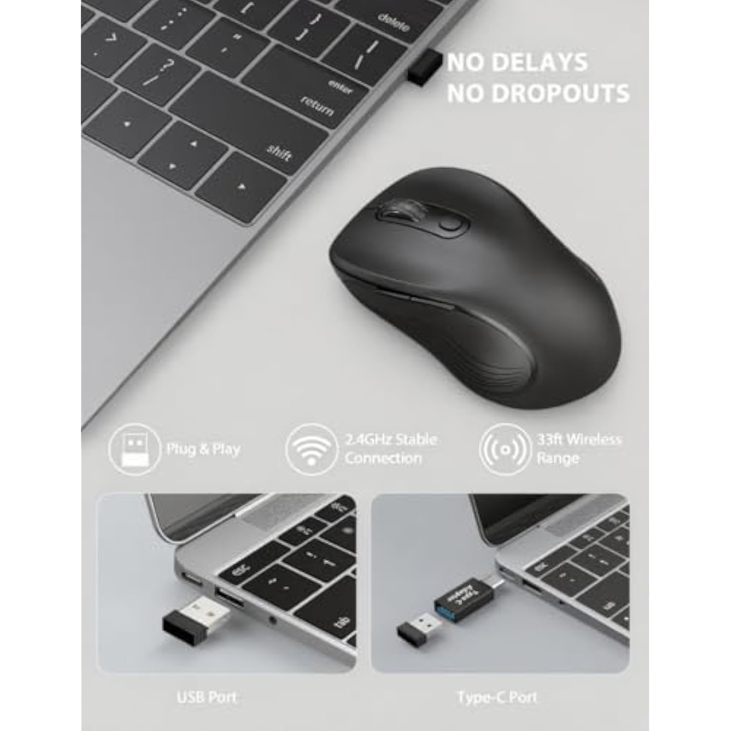 Wireless Mouse For Laptop, 2.4Ghz Ergonomic Computer Mouse With Back & Forward Buttons, 3 Adjustable Dpi Levels, 6 Buttons, Optical Usb Cordless Mice For Windows Pc (Ink Black, 1 Pack)