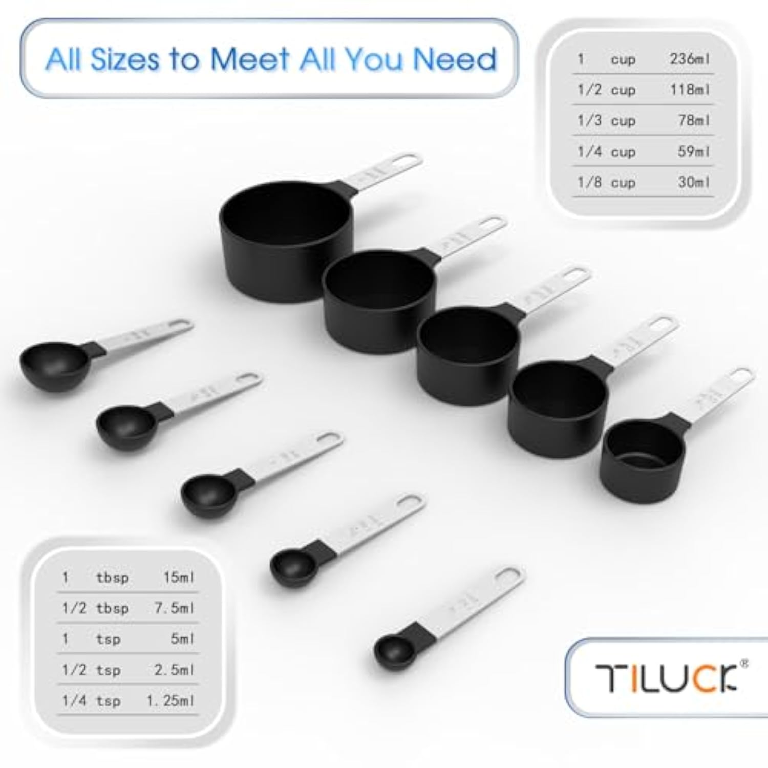 Measuring Cups & Spoons Set, Stackable Cups And Spoons, Nesting Measure Cups With Stainless Steel Handle, Kitchen Gadgets For Cooking & Baking (Black)