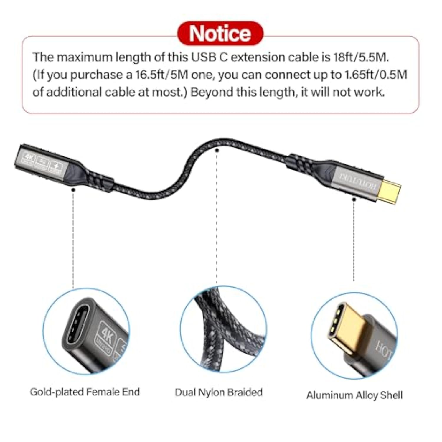 Usb-C Extension Cable 16.5Ft/5M, Male To Female Extender, Braided Data Cord, 100W Pd Fast Charging, 20 Gbps