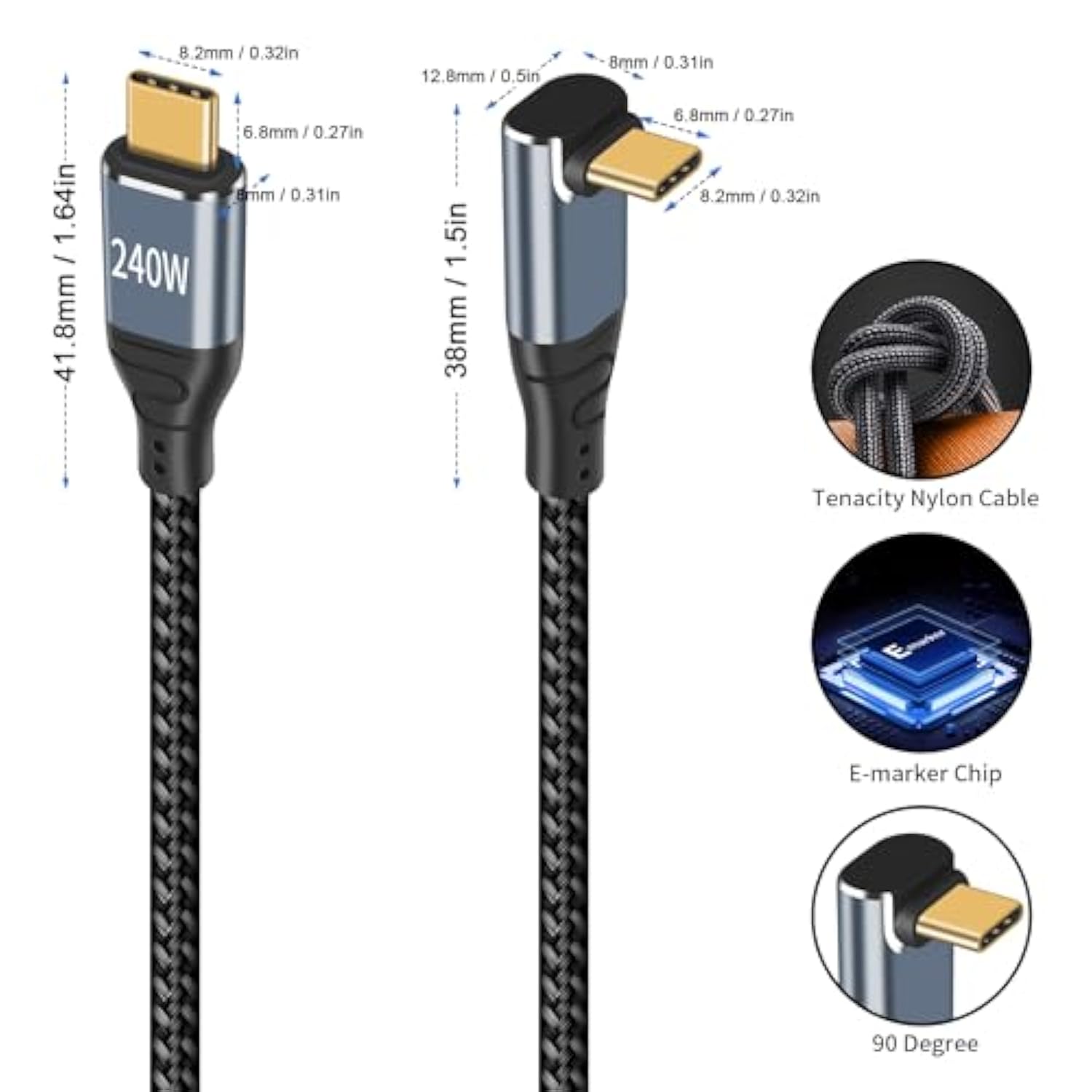 240W Usb C Cable 90 Degree, 10Ft Type C To Type C Cable, 90 Degree Usb C Cable
