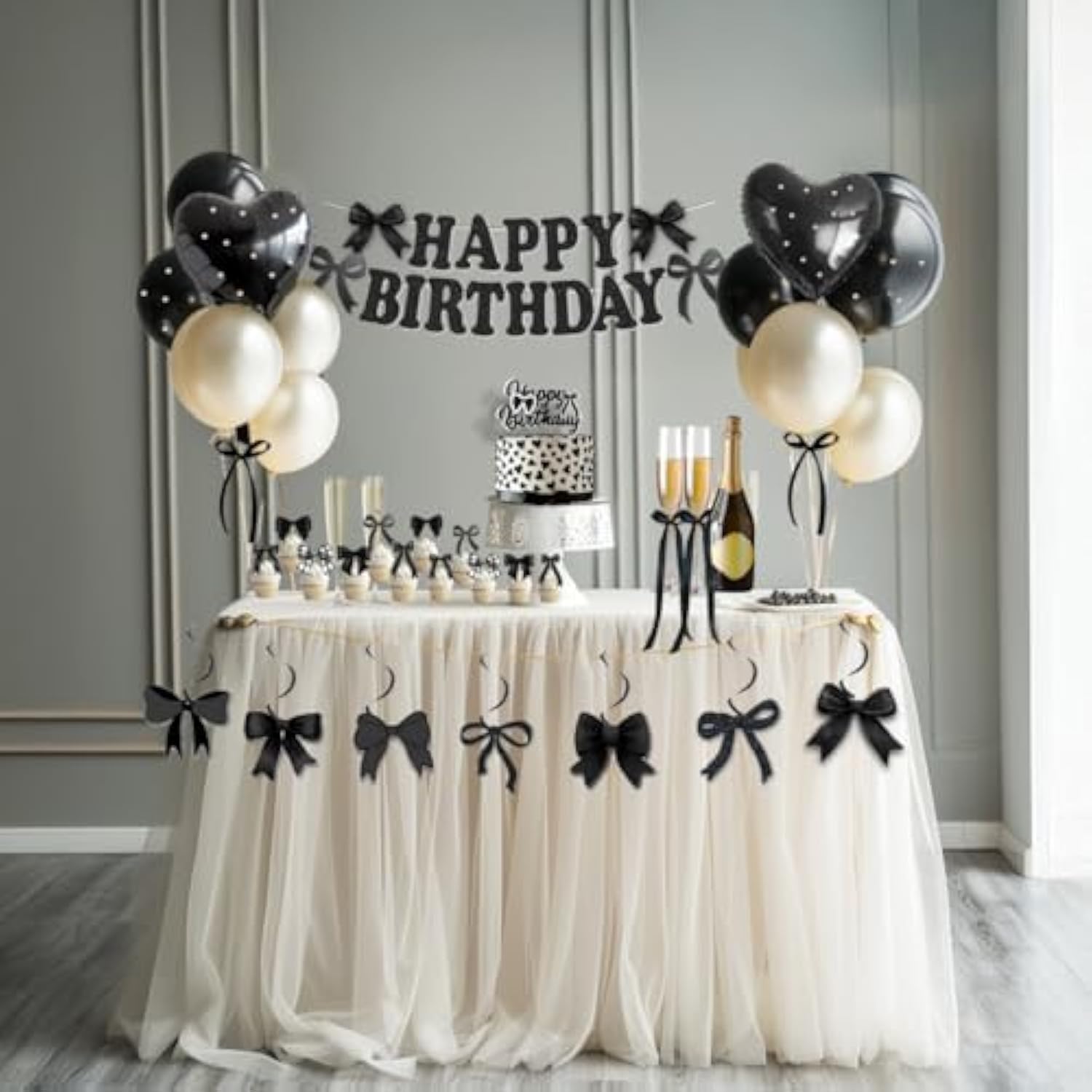 Black Bow Birthday Party Decorations Black And White Balloons Whit Bow Happy Birthday Banner Bow Haning Swirls Bow Cake And Cupcake Toppers For Girls Baby Shower Coquette Birthday Party Decorations