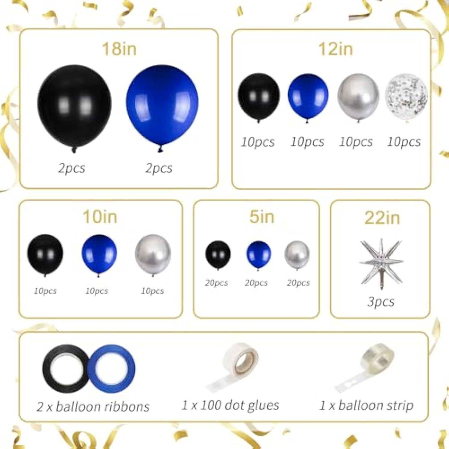 141Pcs Blue And Black Balloons Garland Arch Kit,18 12 10 5 Inch Black Royal Blue Silver Confetti Balloons With Foil Star For Birthday Class Of 2024 Graduation Party Decoration