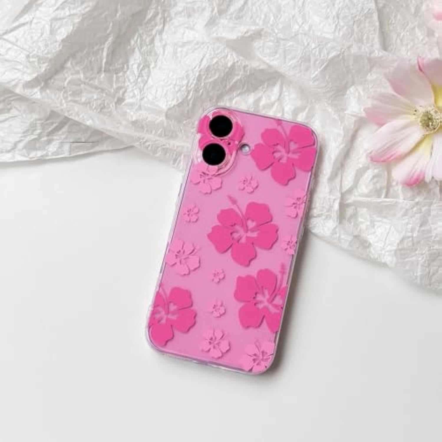 Compatible For Iphone 16 Case Cute Clear Hibiscus Flower Floral Aesthetic Printed Design For Girls Women Soft Tpu Shockproof Protective Girly For Iphone 16-Pink Flower