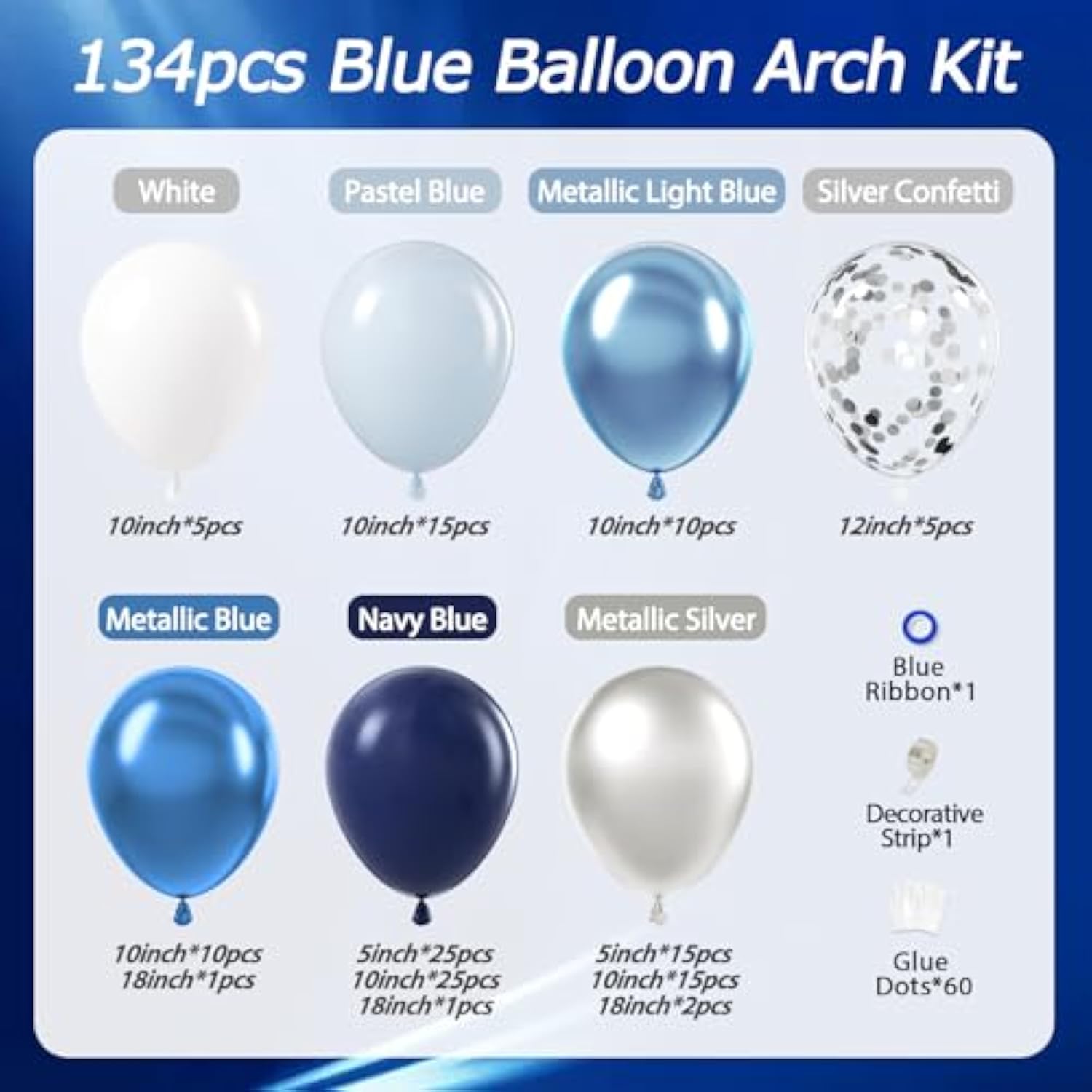 134pcs Blue & Silver Balloon Garland Kit Party Arch Decor for Birthday, Baby Shower, Wedding
