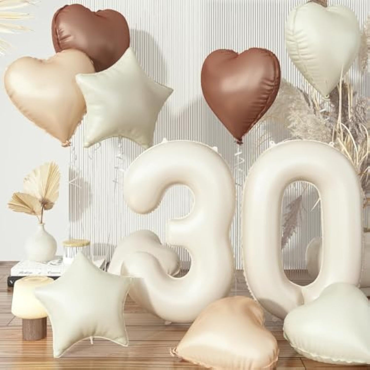 Cream 30 Balloons Decor, Beige Nude Apricot Brown Tan Foil Star Heart Balloons, 40'' White Sand Helium Neutral Number 30 Balloon For Women 30Th Birthday Wedding Anniversary Party Decoration Supplies