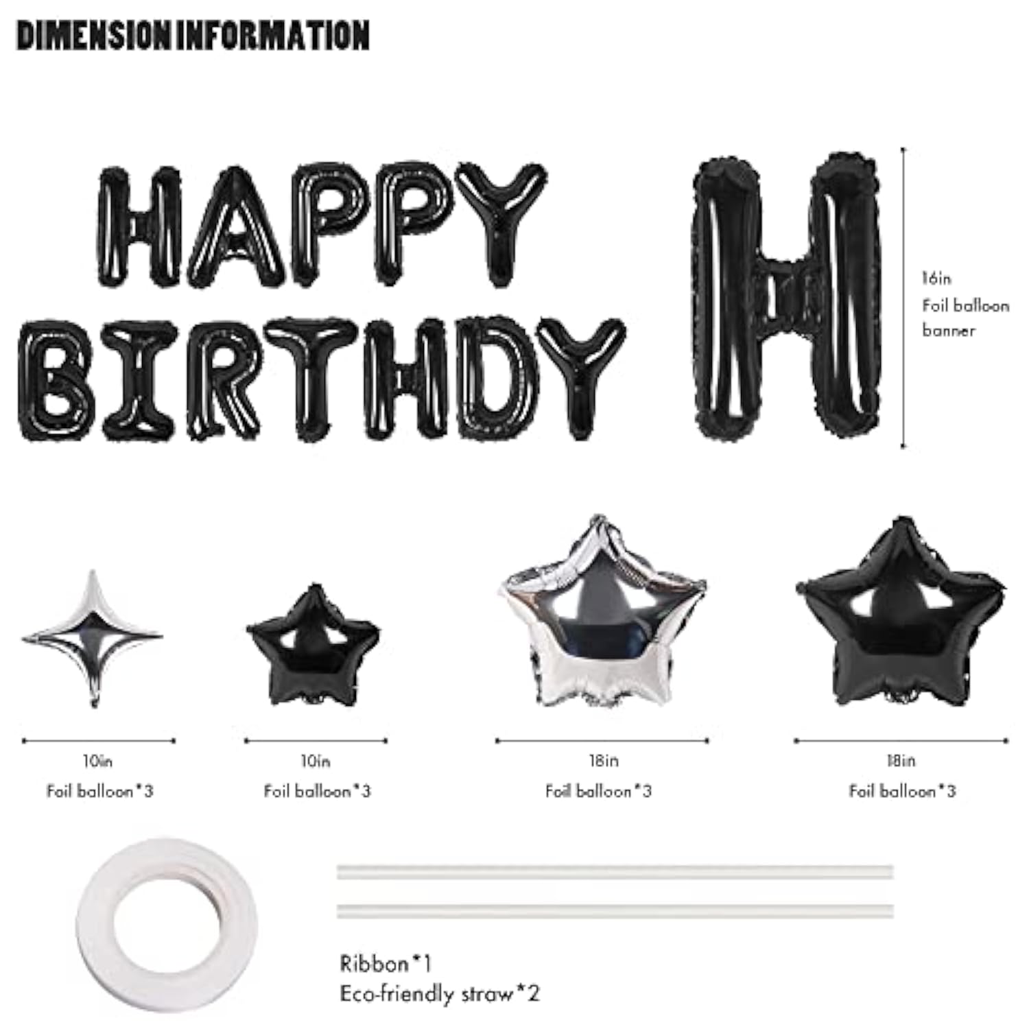 13pcs Mylar Foil Happy Birthday Banner & 12 Star Balloons - 3D Black Party Decor