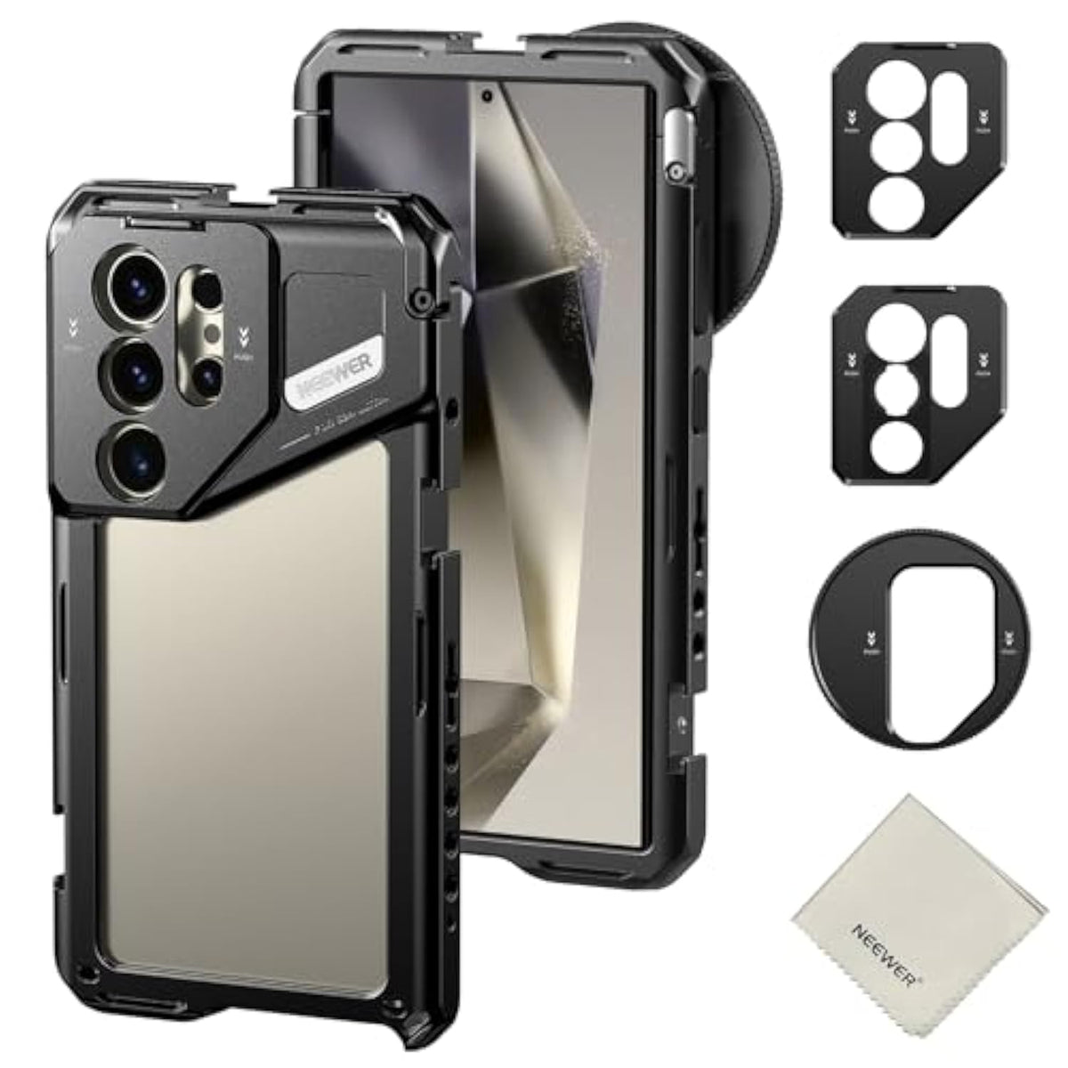 Neewer S24 Ultra Phone Cage with 67mm Filter Adapter, 17mm Lens Backplate, T Mount Lens Adapter, Cleaning Cloth, Smartphone Video Rig Stabilizer Compatible with Samsung Moment T Series Lenses, PA042