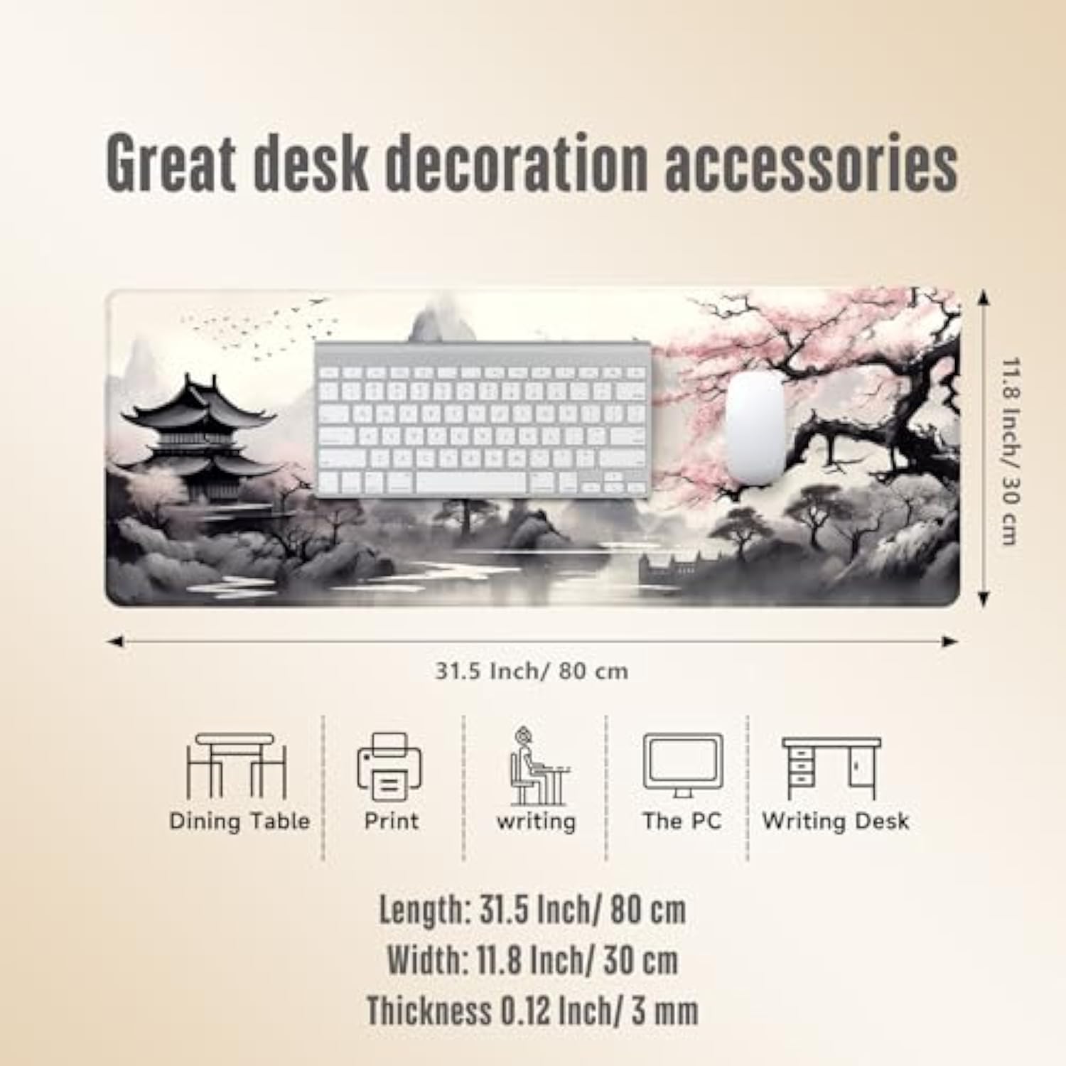 Japanese Large Gaming Mouse Pad Anime Extended Mouse Pad With Stitched Edges 3Mm For Home Office, 31.5 X 11.8 Inch