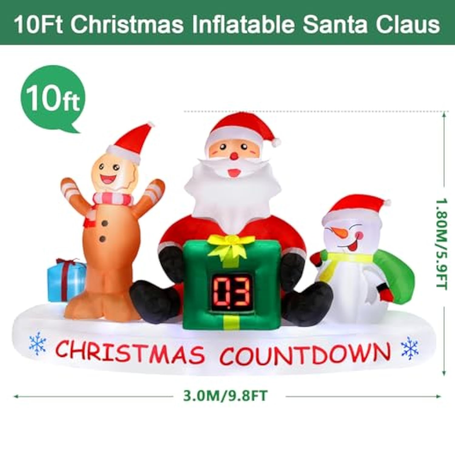 10 Ft Christmas Inflatable Outdoor Decorations With Led Christmas Countdown Clock, Snowman Santa And Gingerbread Man, Li