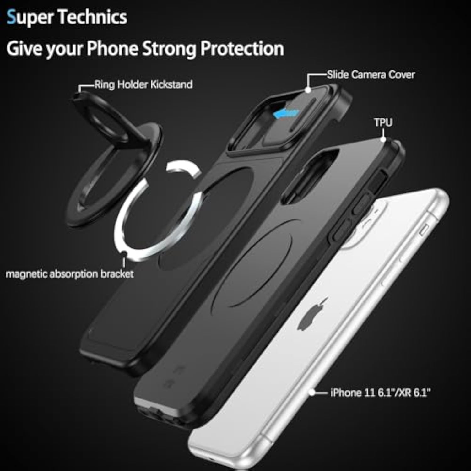 Magnetic iPhone 11 Case with Built-in Camera Cover and Kickstand, Compatible with Magsafe, Heavy Duty Protective Phone Case for iPhone 11/XR 6.1" Black