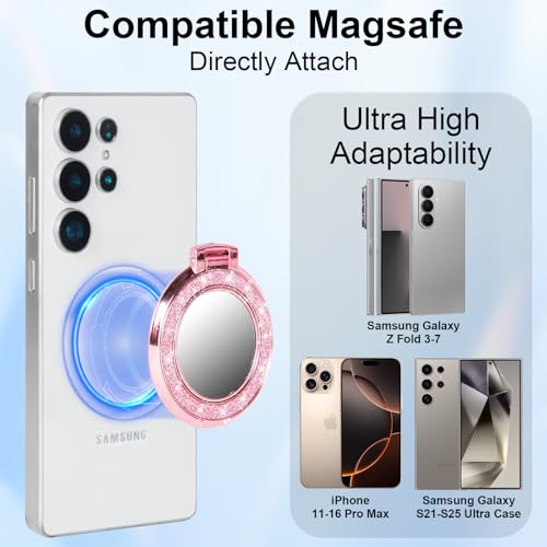 Finger Ring Stand Grip,Luxury Glitter Diamond Universal Metal Ring Kickstand with Mirror for iPhone 17/16/15/14/13 Pro Max, Galaxy S25/S24/S23/S22