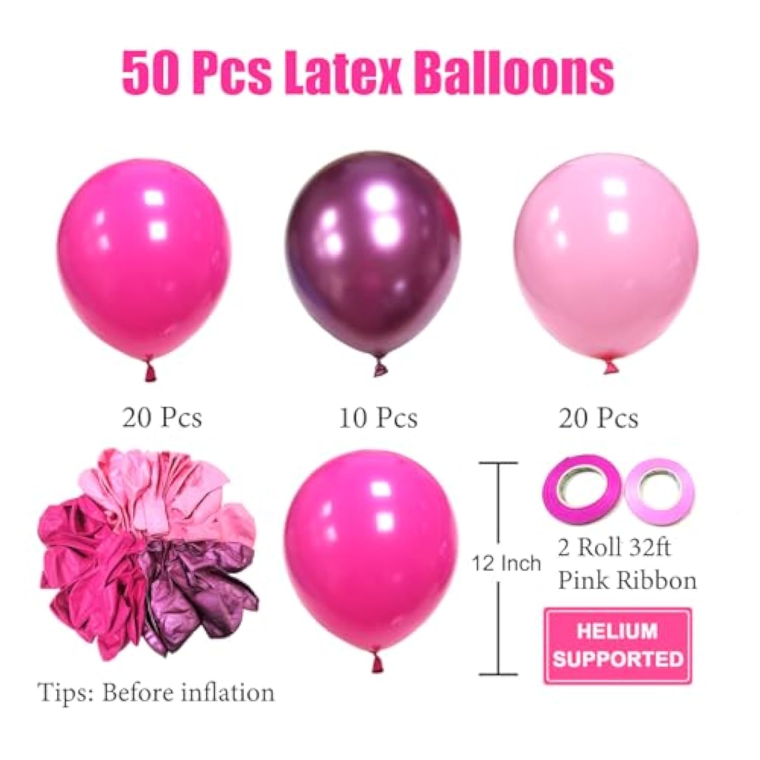 50Pcs Metallic Pink Balloons Set – Hot, Baby & Magenta Pink for Party and Event Decor
