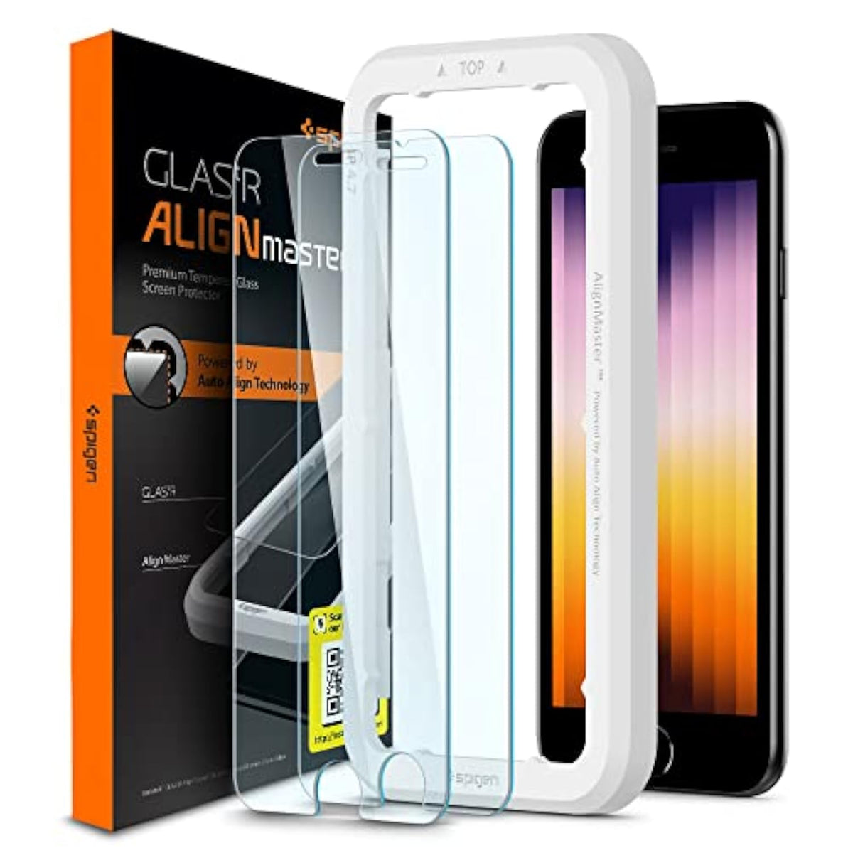 Spigen Tempered Glass Screen Protector [GlasTR AlignMaster] designed for iPhone SE 3 (2022), iPhone SE 2 (2020), iPhone 8, iPhone 7 (2 Pack)