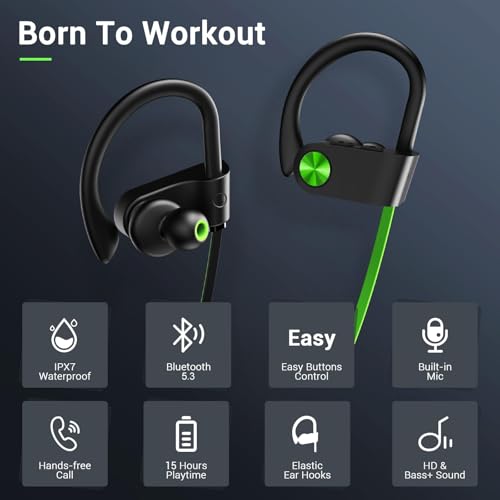 Bluetooth Headphones, Bluetooth 5.3 IPX7 Waterproof Wireless Sports Earbuds for Workout Gym, 16 Hrs Playtime Running Headphones with Noise Cancelling